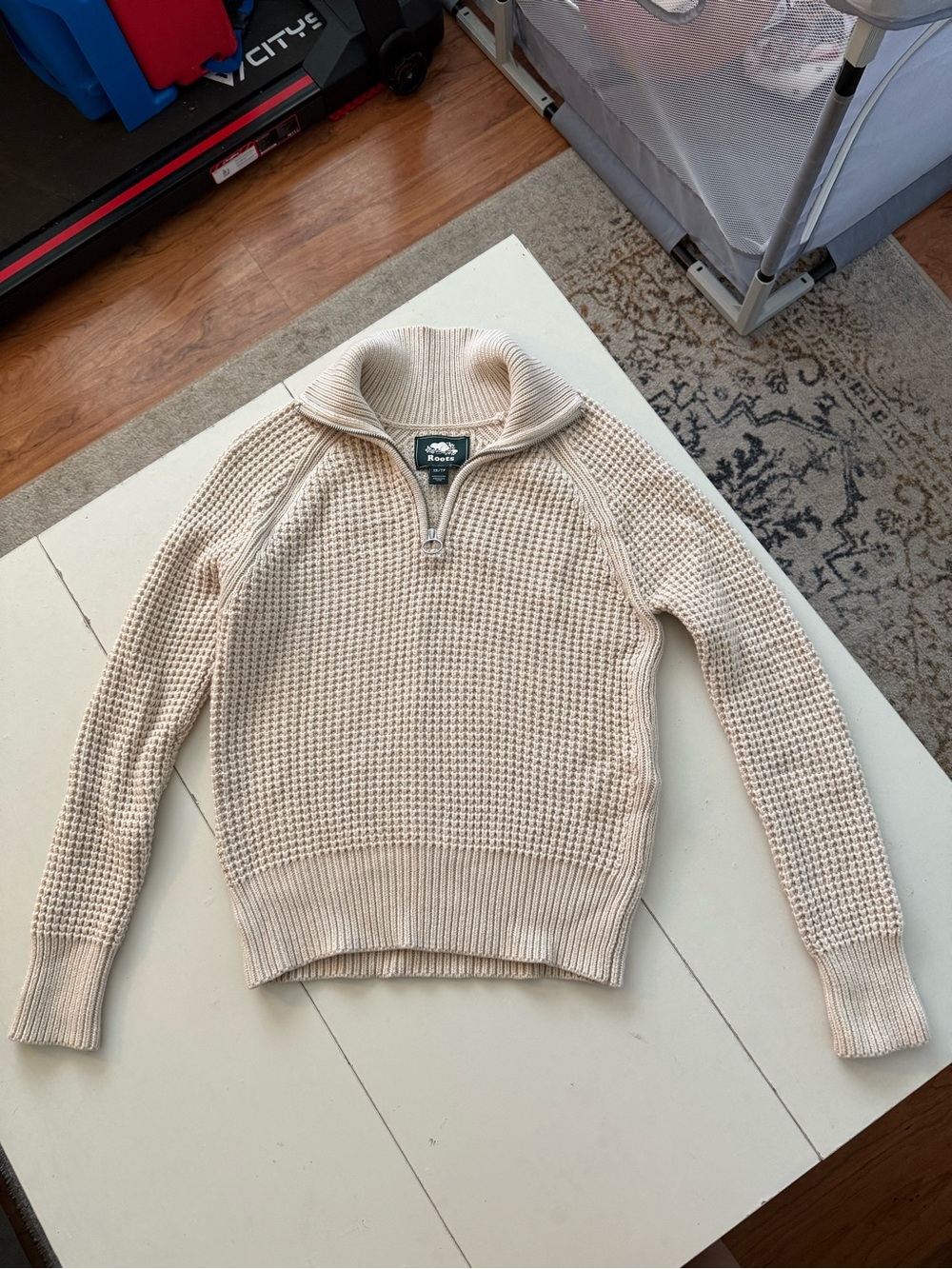 Roots Cream Beige Ribbed Waffle Knit 1/4 Zip Pullover Sweater Heritage Cabin XS - Picture 2 of 7